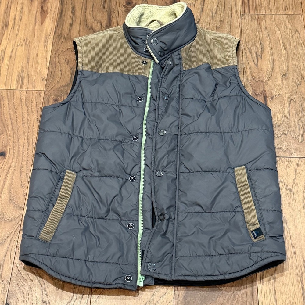 PrAna Mens Quilted Puffer Vest Gray Corduroy Yoke Sherpa Collar Small